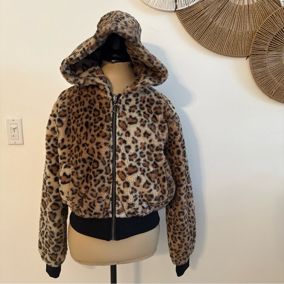 Leopard Print Hooded Faux Fur Jacket reversible - Picture 5 of 12